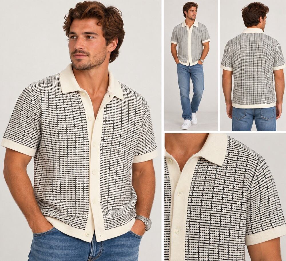 Madewell Men's L Ivory Black Check Knit Cotton Short Sleeve Button-Up Point